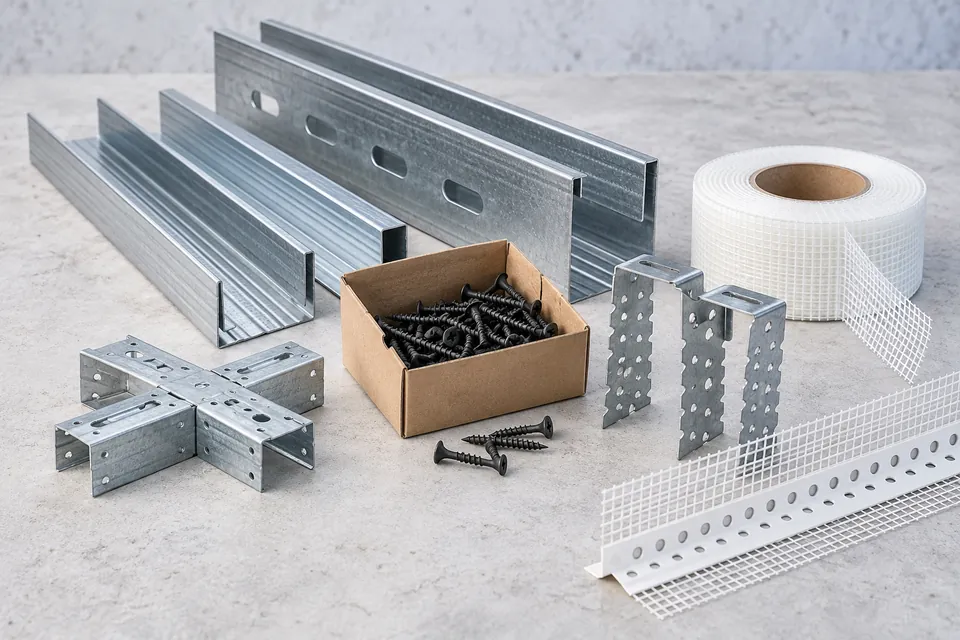 Trockenbauprofile, Verbinder, Schrauben und Fugenband