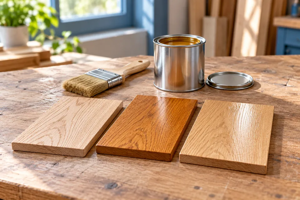 Holzlasur und Klarlack mit Pinsel und Holzmustern