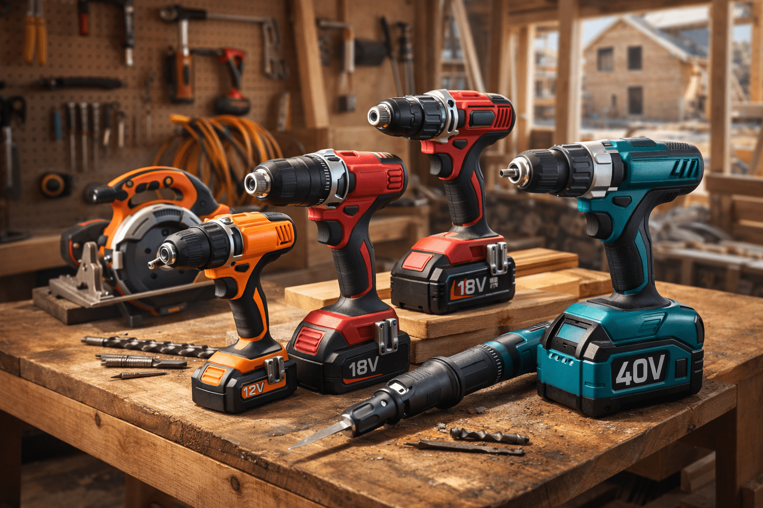 Akku-Elektrowerkzeuge 12V, 18V und 40V auf Werkbank im Workshop