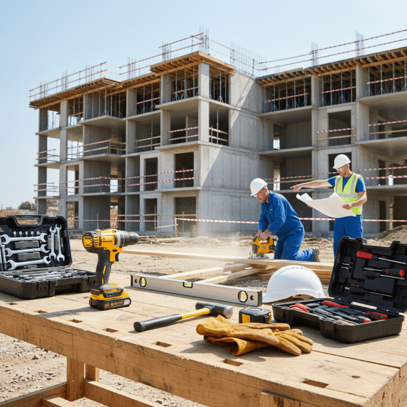 „Baustelle mit Werkzeugen und Bauarbeitern”