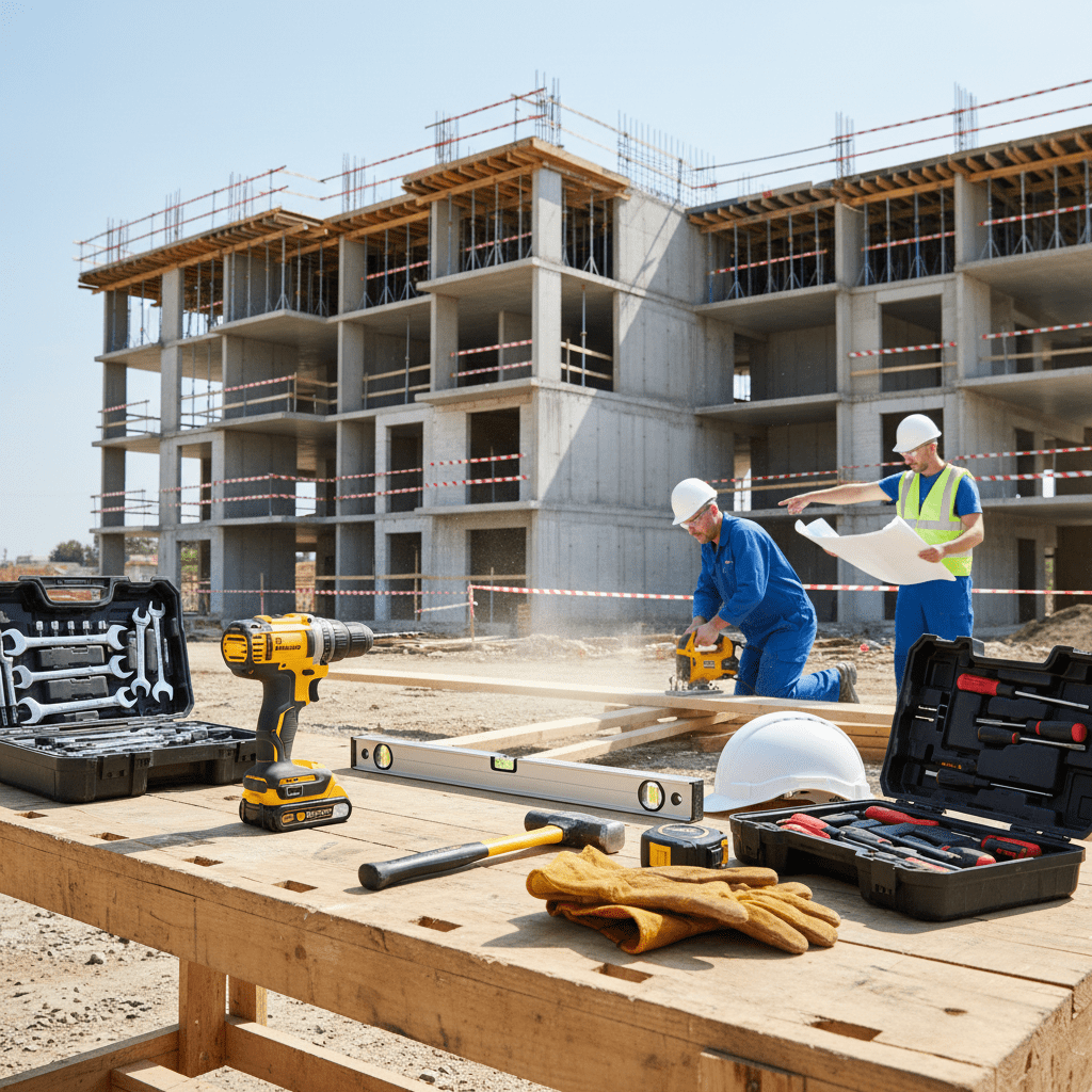 „Baustelle mit Werkzeugen und Bauarbeitern”