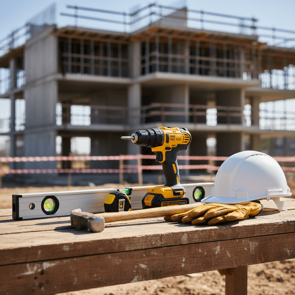 Organisierte Baustelle mit professionellen Werkzeugen