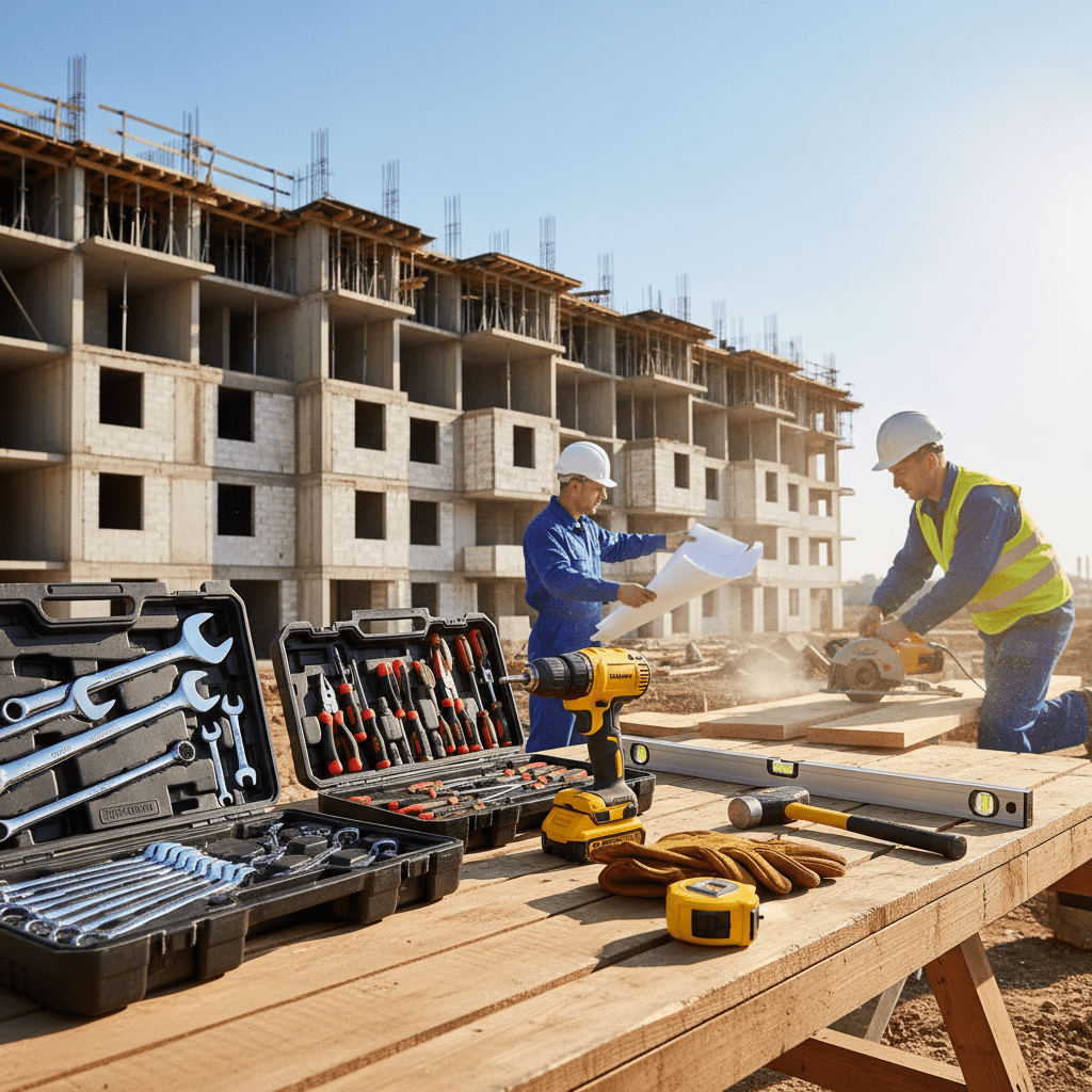 Organisierte Baustelle mit professionellen Werkzeugen