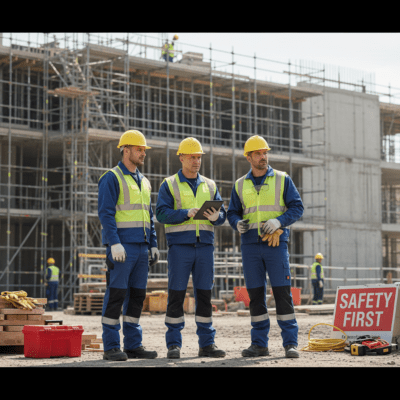 Drei Bauarbeiter mit Schutzhelmen, Warnwesten und Arbeitskleidung auf einer Baustelle – Symbol für Arbeitsschutz und Sicherheit.