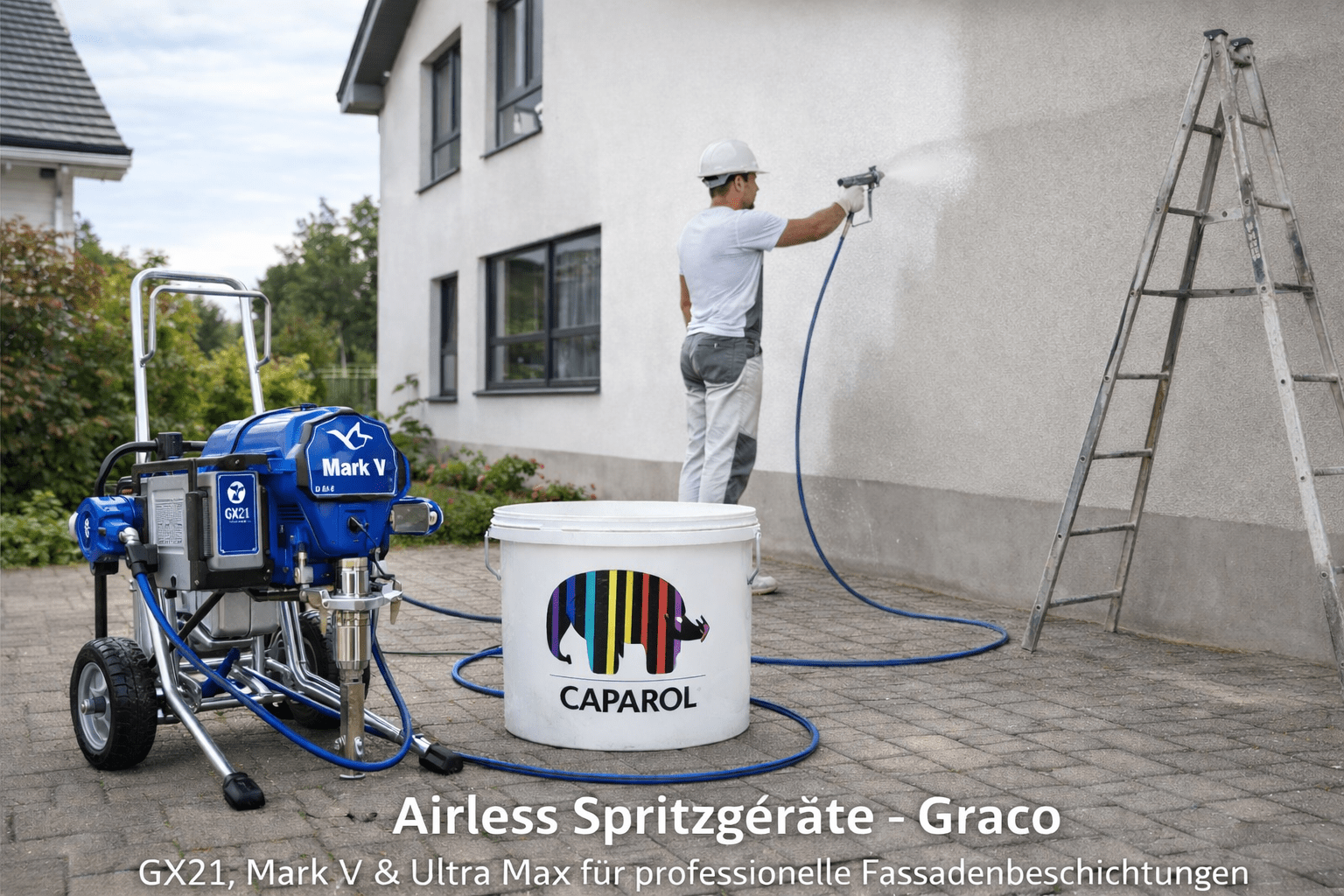 Maler verwendet Airless Spritzgerät für Fassadenfarbe