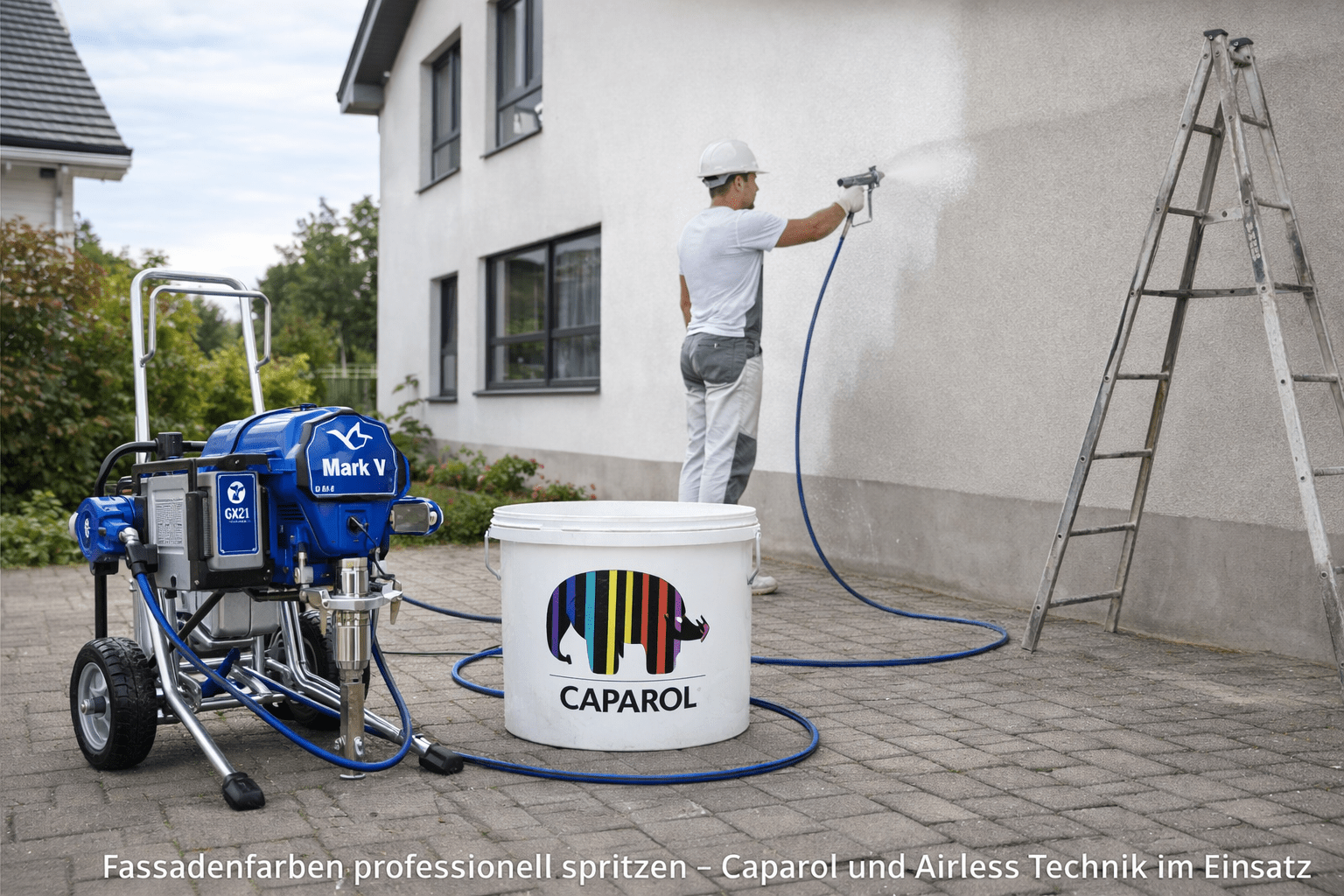 Caparol Fassadenfarbe wird mit Airless Spritzgerät auf eine moderne Hausfassade aufgetragen