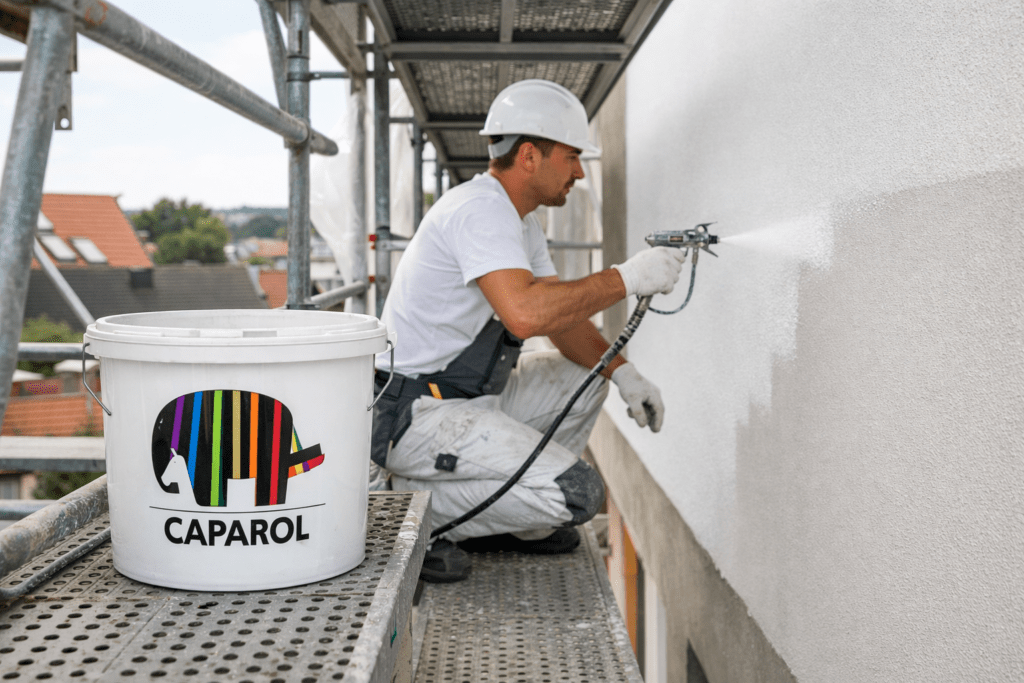 Der Maler streicht die Fassade des Gebäudes mit Caparol-Farbe – professionelle WDVS und Fassadenfarbe 2026.