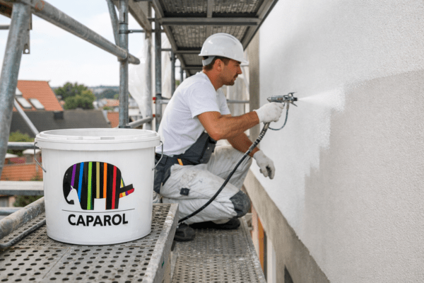 Der Maler streicht die Fassade des Gebäudes mit Caparol-Farbe – professionelle WDVS und Fassadenfarbe 2026.