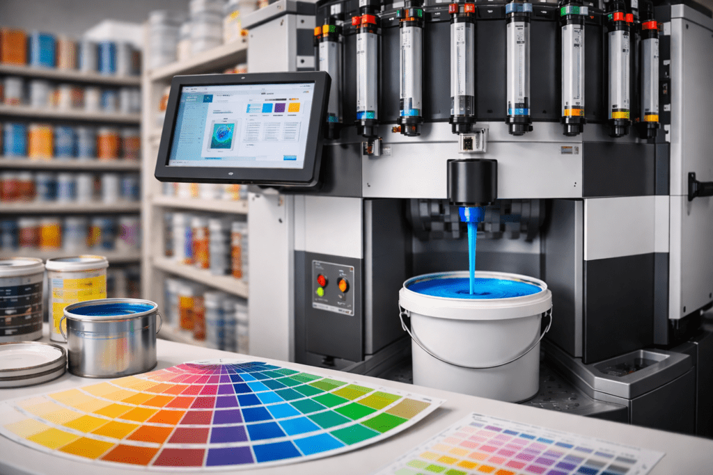 Farbmischmaschine mit Farbpalette und individuell gemischter Farbe im Eimer