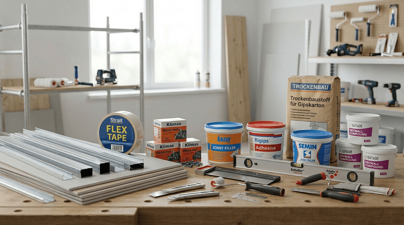 Baustoffe und Trockenausbau Produkte – Rigips, Knauf, Klimas Wkręt‑met, Semin, Siniat und Strait Flex Tape für Trockenbau und Innenausbau