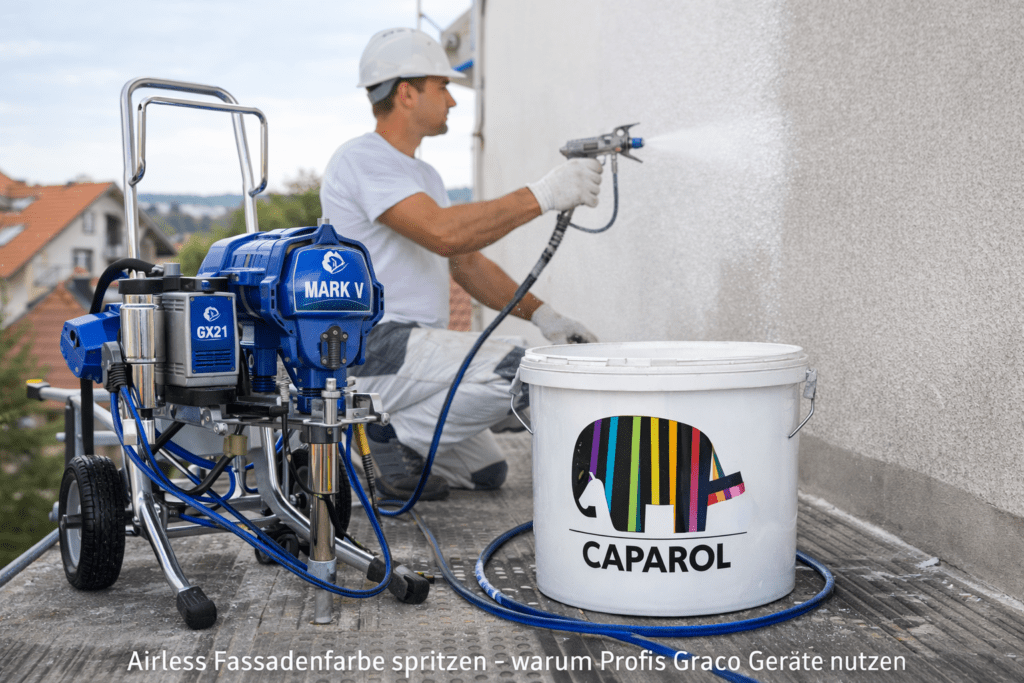 Caparol Fassadenfarben werden mit Airless Spritzgerät auf eine Hausfassade aufgetragen