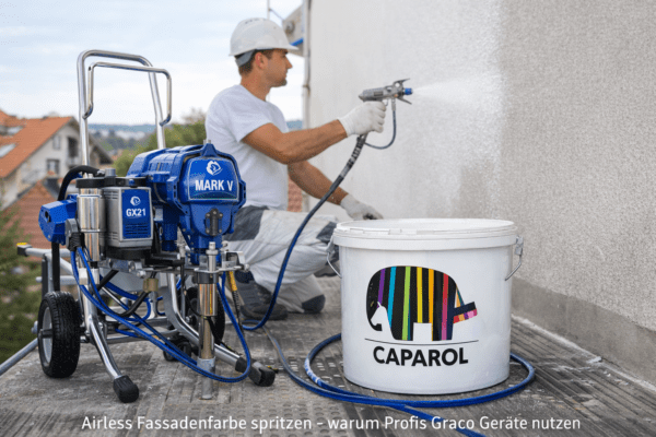 Caparol Fassadenfarben werden mit Airless Spritzgerät auf eine Hausfassade aufgetragen
