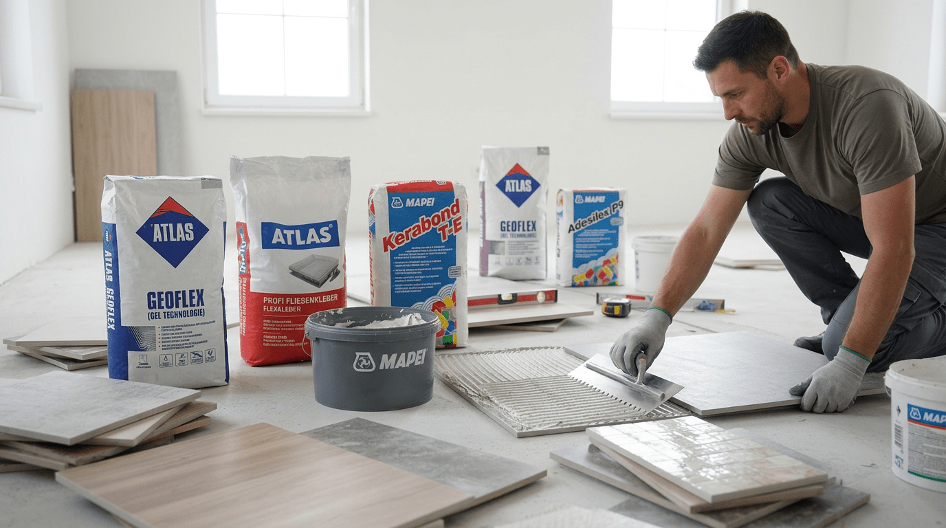 Fliesenleger trägt Fliesenkleber von Atlas und Mapei auf den Boden auf – professionelle Anwendung mit Zahnspachtel