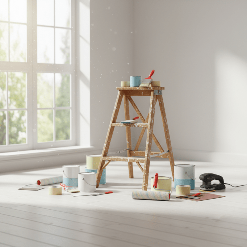 Werkzeuge und Materialien für die Frühjahrsrenovierung – Farben, Spachtel, Malerbedarf und Elektrowerkzeuge.