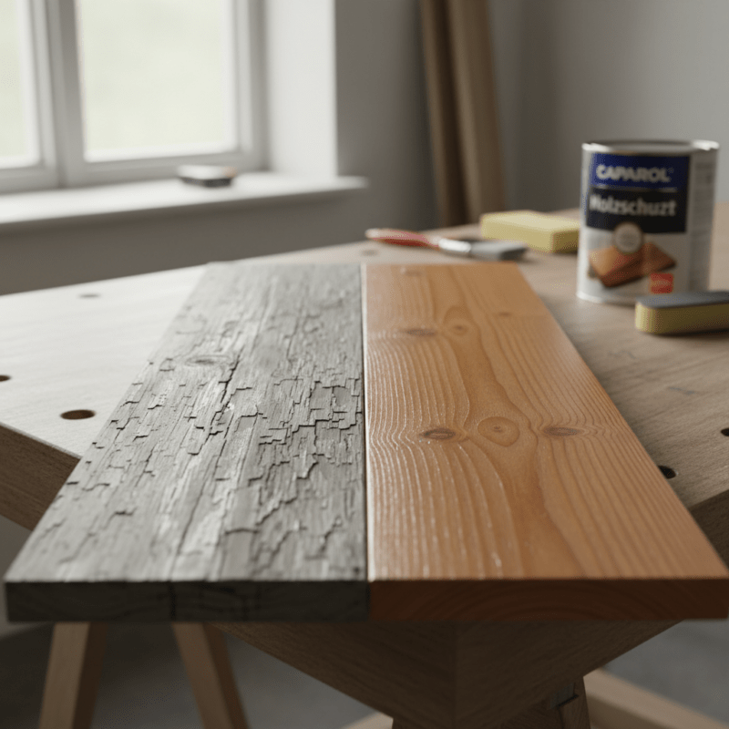 Holz Vorher–Nachher: unbehandeltes Holz und frisch gestrichene Oberfläche im Vergleich.